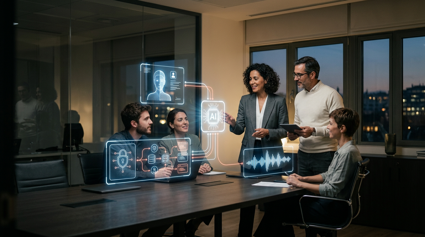 Equipo de empresa trabajando con agentes de IA compartidos, automatización segura y tecnología de voz